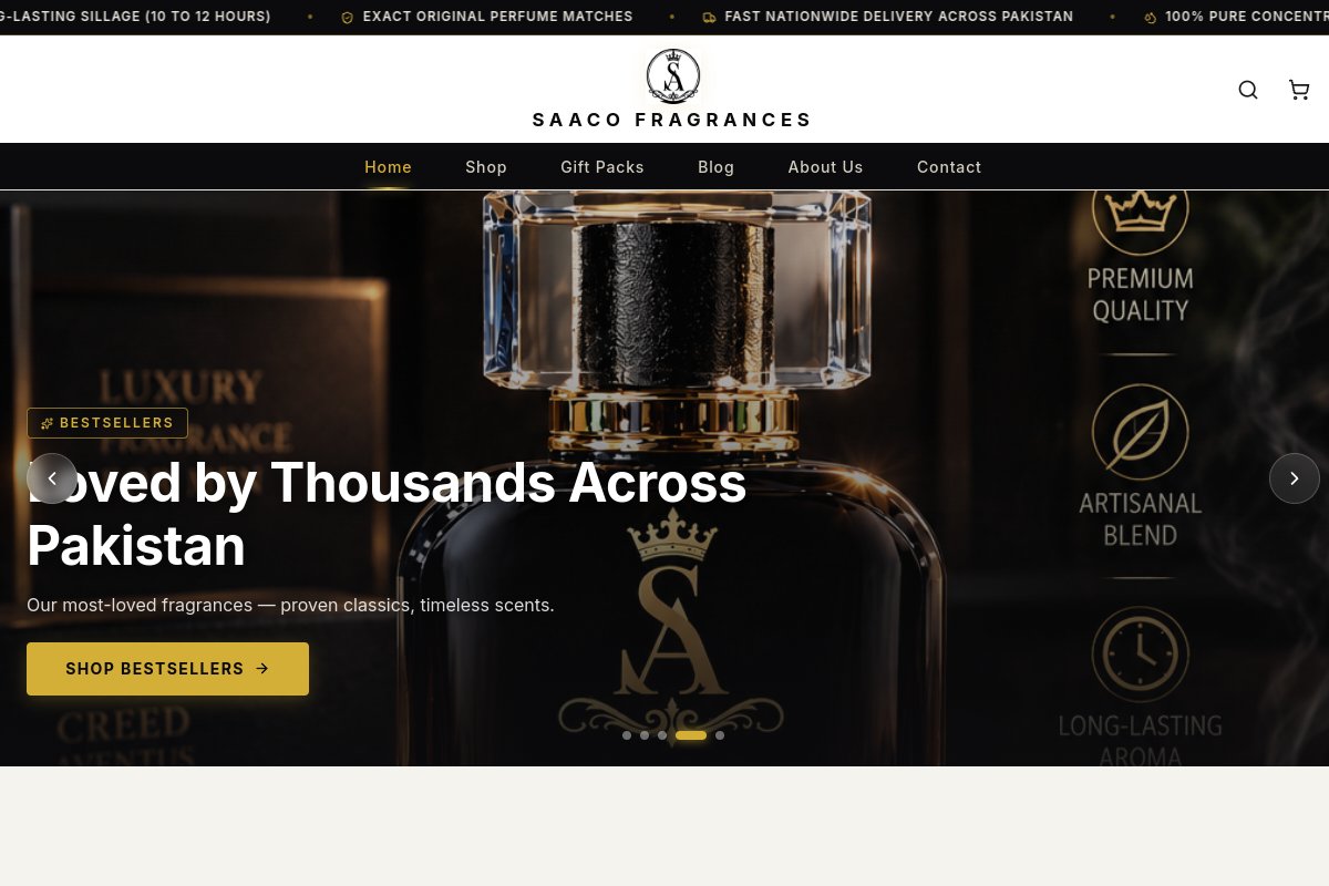 saacofragrances.com website homepage preview