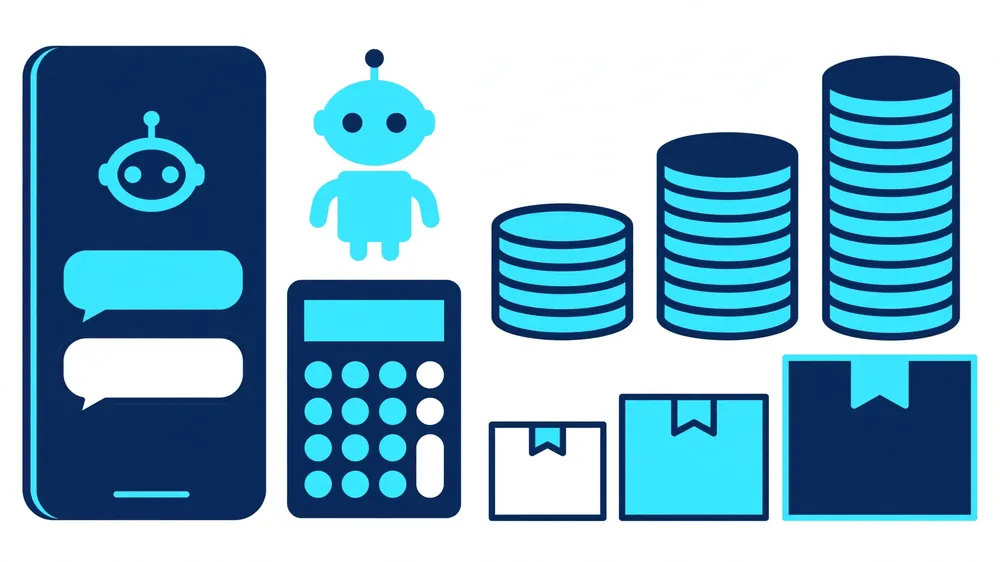 WhatsApp chatbot cost breakdown with coin stacks, a calculator and pricing tiers beside a smartphone