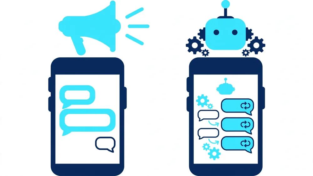 Two phones comparing a basic WhatsApp Business App broadcast with a smart automated WhatsApp chatbot