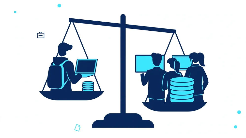 Balance scale weighing freelancer and agency website costs with coin stacks on both sides