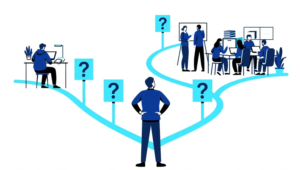 Business owner at a crossroads choosing between a freelancer and an agency, with question signposts