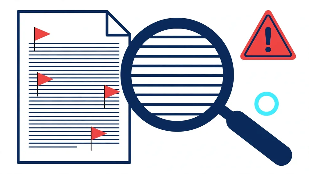 Contract document with red flags and a magnifying glass, warning signs when hiring freelancers or agencies
